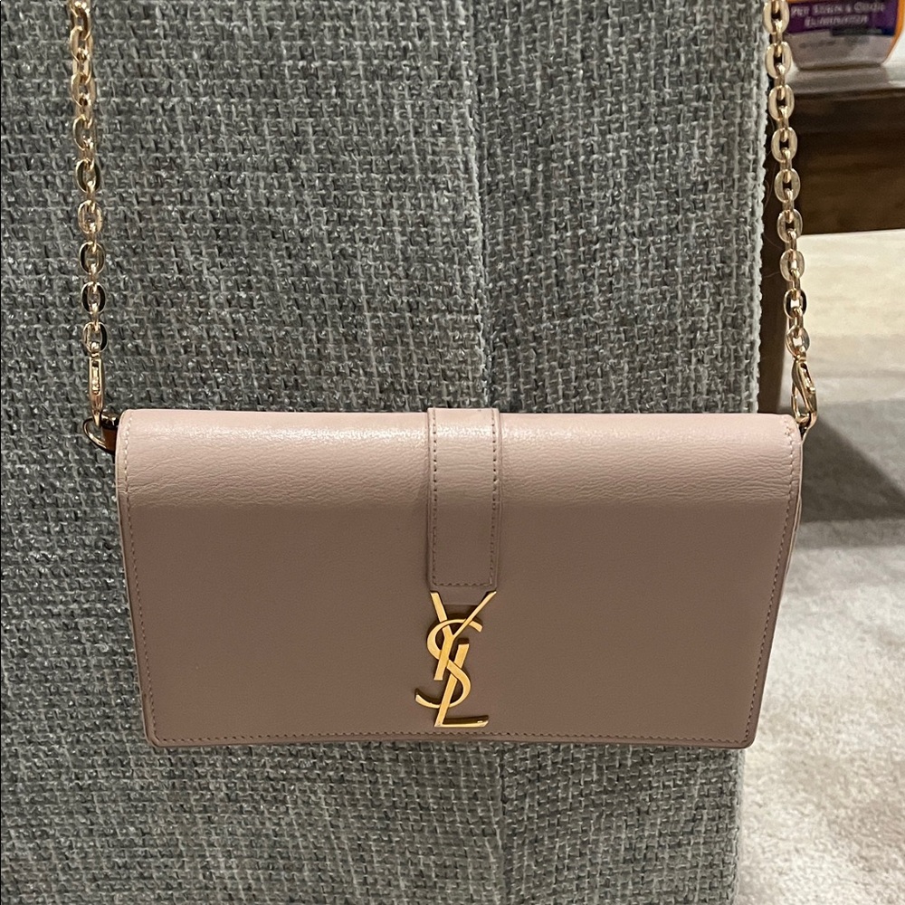 Yves Saint Laurent Taupe Leather wallet with unbranded Gold Chain